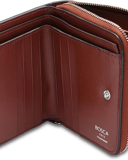 Bosca Women's Italian Leather Wallet, Handmade Bifold Slim Change Purse, 8 Card Slots, Zip Coin Purse, 4 Inches Brown