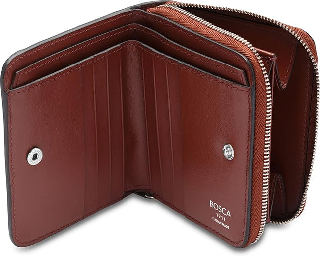 Bosca Women's Italian Leather Wallet, Handmade Bifold Slim Change Purse, 8 Card Slots, Zip Coin Purse, 4 Inches Brown