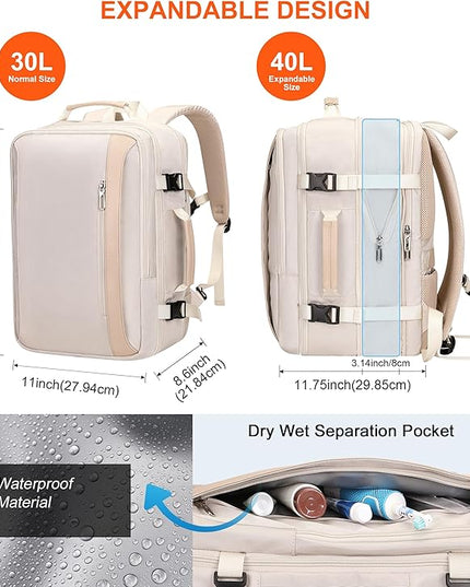 PIJUSHI Travel Backpack for Women Expandable Carry on Luggage Backpack Airline Approved Personal Item Laptop Bag(PE034 Beige)
