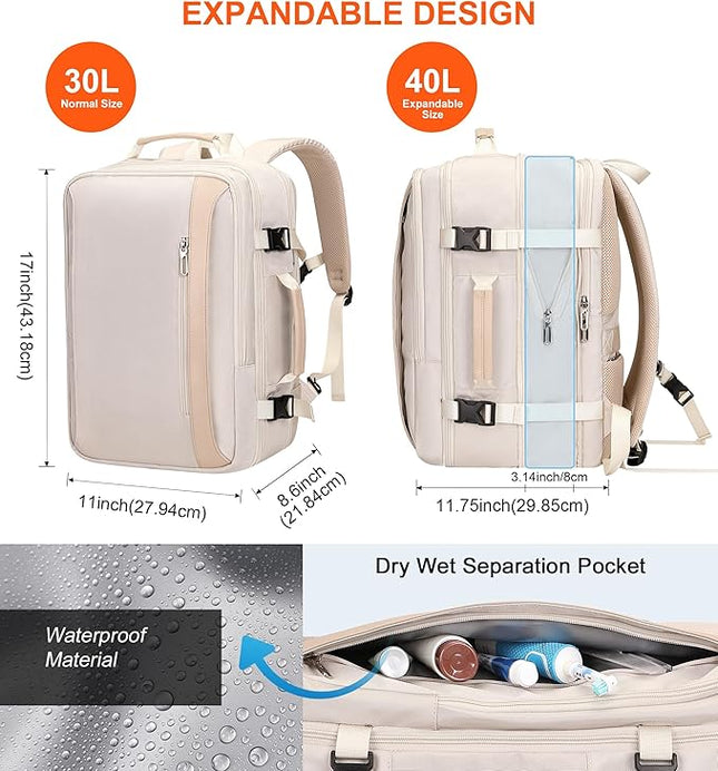 PIJUSHI Travel Backpack for Women Expandable Carry on Luggage Backpack Airline Approved Personal Item Laptop Bag(PE034 Beige)