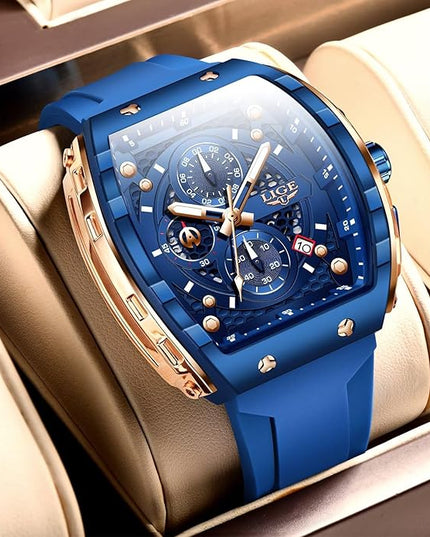 Mens Watches,Unique Rectangular Quartz Analog Watch,Outdoor Sports Multi-Function Watch,Chronograph/Waterproof/Luminous/Calendar,Durable Silicone Strap Mens Casual Watches
