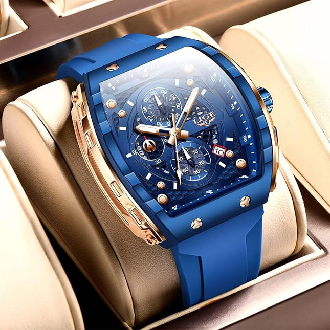 Mens Watches,Unique Rectangular Quartz Analog Watch,Outdoor Sports Multi-Function Watch,Chronograph/Waterproof/Luminous/Calendar,Durable Silicone Strap Mens Casual Watches