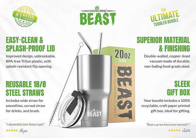 Beast 20 oz Tumbler Stainless Steel Vacuum Insulated Coffee Ice Cup Double Wall Travel Flask (Stainless Steel)