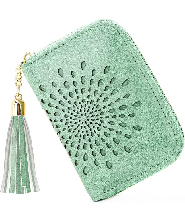 APHISON RFID Credit Card Holder Zipper Card Case Small Wallets for Women Leather Sunflower Style Ladies Girls Credit Card Case 1-Zip Peppermint Mambo Green