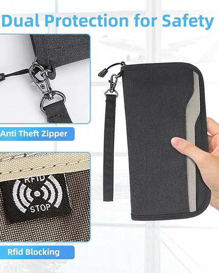 ZOPPEN Passport Holder Family RFID Passport Wallet, Passport Holder Women/Men, Travel Wallet Documents Organizer Zipper Case with Removable Wristlet Strap, Travel Essentials for Flying