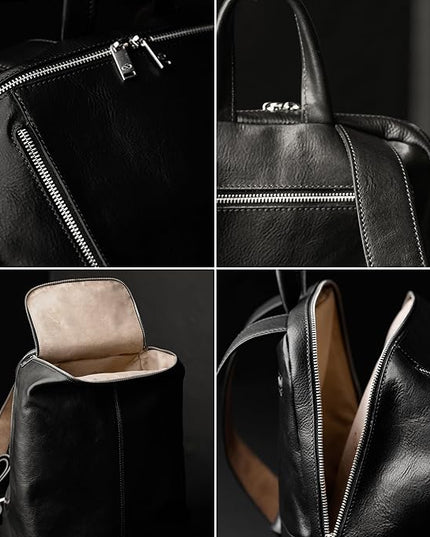 Time Resistance Leather Backpack - Unisex Business Rucksack Laptop Bag for Bag and Women (Black)