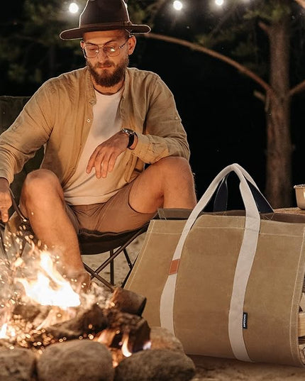 INNO STAGE Firewood Log Carrier Tote Bag with Super Strong Double Straps for Reinforce, 16oz Waxed Canvas Heavy Duty & Long Lasting for Wood Hay Hauling for Fireplace or Outdoor Camping-Khaki Color