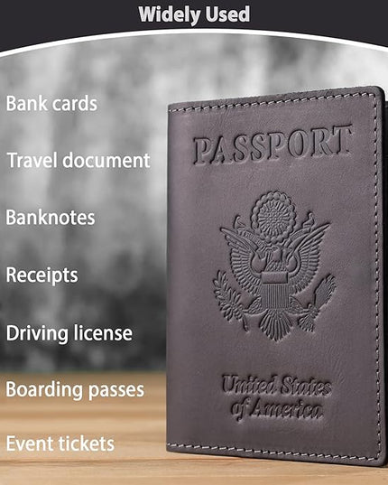 Shvigel Genuine Leather Passport Cover – Passport Holder for Men & Women – Crazy Horse Leather Travel Wallet Black