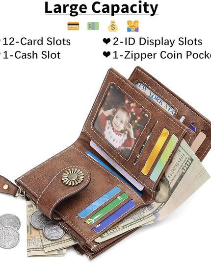 SENDEFN Small Womens Wallet Leather Bifold Card Holder RFID Blocking with Zipper Coin Pocket