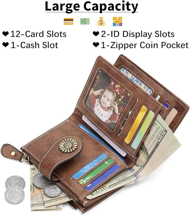 SENDEFN Small Womens Wallet Leather Bifold Card Holder RFID Blocking with Zipper Coin Pocket
