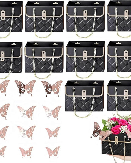 JHXTZ 10 Pack Flower Paper Gift Bags with 12pcs Rose Gold 3D Butterfly Decoration, Portable Floral Handbag Box with Metal Chain, Florist Carrier for Valentine's Day Birthday Gifts (Black)