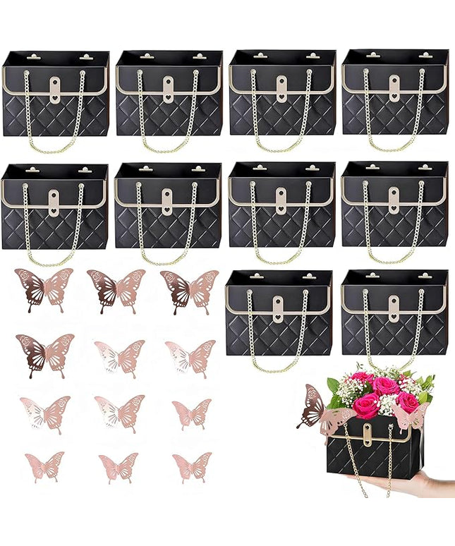 JHXTZ 10 Pack Flower Paper Gift Bags with 12pcs Rose Gold 3D Butterfly Decoration, Portable Floral Handbag Box with Metal Chain, Florist Carrier for Valentine's Day Birthday Gifts (Black)
