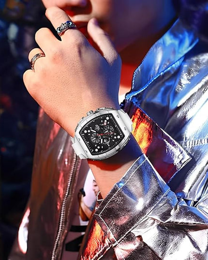 Mens Watches,Unique Rectangular Quartz Analog Watch,Outdoor Sports Multi-Function Watch,Chronograph/Waterproof/Luminous/Calendar,Durable Silicone Strap Mens Casual Watches