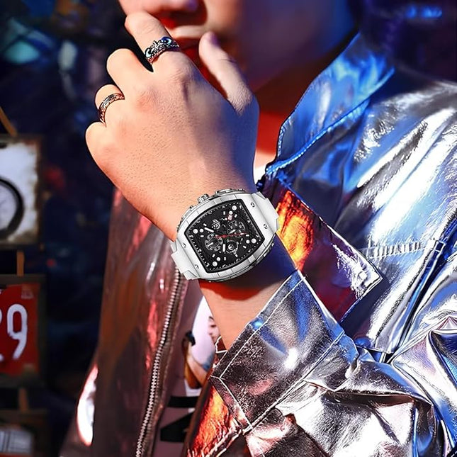 Mens Watches,Unique Rectangular Quartz Analog Watch,Outdoor Sports Multi-Function Watch,Chronograph/Waterproof/Luminous/Calendar,Durable Silicone Strap Mens Casual Watches