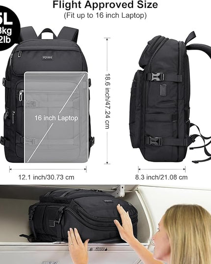 PIJUSHI Travel Backpack for Women Men Flight Aprroved Carry on Bag Large Casual Luggage Backpack Fit 16 inch Laptop(PE050 Black)