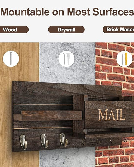 Lwenki Mail Organizer for Wall Mount – Key Holder with Shelf Includes Letter Holder and Hooks for Hallway Farmhouse Decor – Rustic Wood with Flush Mounting Hardware (16.5” x 9.1” x 3.4”) (Brown)