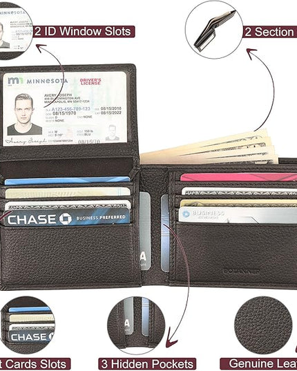 BOTANNER Genuine Leather Men's Flip ID Wallet RFID Blocking with 8 Credit Card Slots 2 ID Windows 3 Hidden Pockets 2 Sections for Notes | Pebble Black