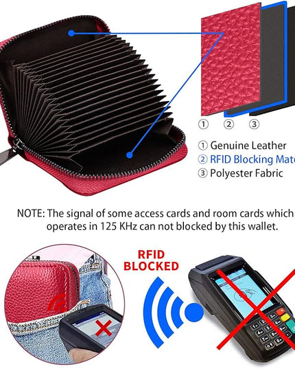 Linno RFID 20 Slots Credit Card Holder Genuine Leather Small Wallet for Women or Men with Zipper