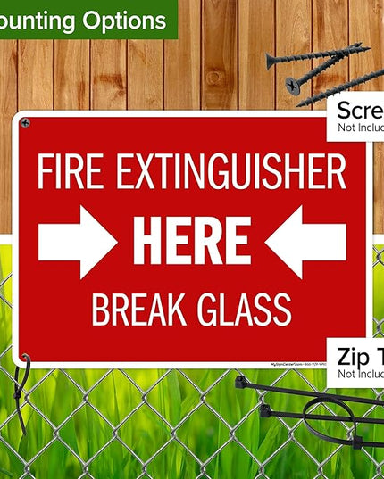 Fire Extinguisher Here Break Glass Sign, 10x14 Inches, Rust Free .040 Aluminum, Fade Resistant, Made in USA by My Sign Center