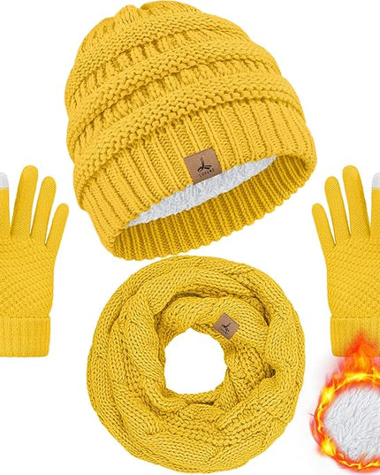 Winter Beanie Hat Scarf Gloves, Warm Fleece Knit Hats Touch Screen Gloves Neck Scarf Set Winter Gifts for Unisex Adult