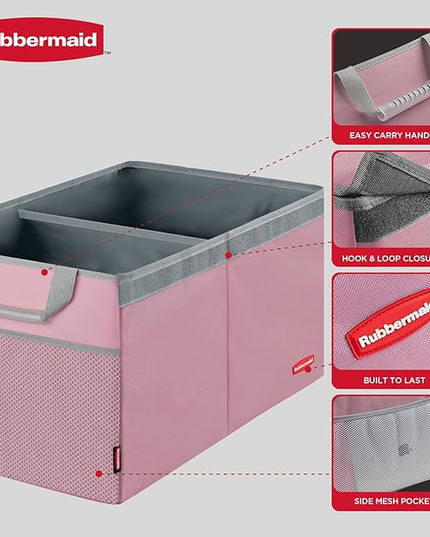 Rubbermaid Car Organizer, Collapsible Trunk Organizer, Multi-Compartment Car Storage Organization for Car Accessories, 2 Compartments With Cover, 21.65"*14.17"*12.2" - Pink