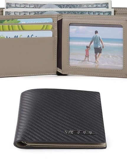 VISOUL Mens Carbon Fiber Leather Bifold Wallet with 2 ID Windows, RFID Blocking Wallet with 2 Money Compartments, Stylish Two-tone Back Pocket Wallet for Men (Black+Light Gray)