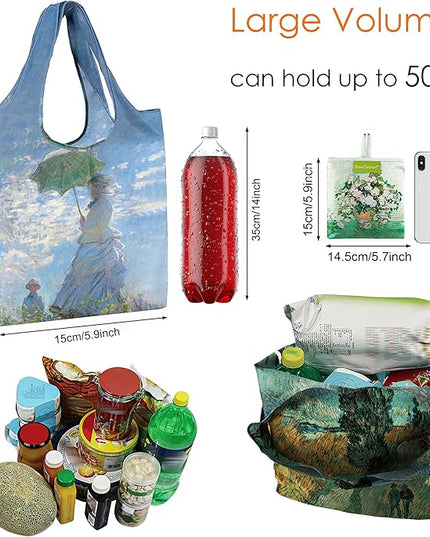 BeeGreen Oil Painting Seascape Tote Bag - Large Reusable Grocery Bag, Polyester Grocery Bags Gifts for Women,Foldable, Washable, Packable with Handles & Pouch for Shopping, Beach, Work, Summer