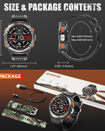 EIGIIS KE5 Military Smart Watch for Men with Flashlight SOS 3ATM Waterproof Watch 530mAh Big Battery 1.45" Rugged Tactical Smartwatch with Compass Elevation Barometer Fitness Watch for iPhone (Green)