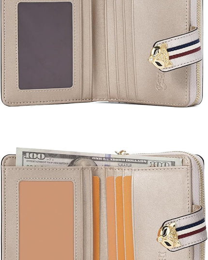 FOXLOVER Genuine Leather Zip Small Wallet Women RFID Blocking Credit Card Bifold Wallet Business Card Holder with ID Window(Gold)