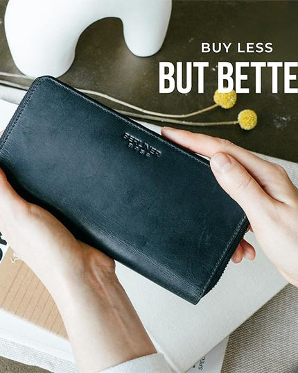 BERLINER BAGS Vintage Genuine Leather Wallet Margo, RFID Blocking Credit Card Holder, Slim Womens Wallet, Zip Around Wallet for 13 Cards and ID window, Bills, Coins - Dark Grey