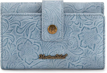 Montana West Small Wallet Women's Embossed Floral Wallet Trifold RFID Wallets Ladies Female Western Credit Card Cash Wallets Jeans Blue with ID Window