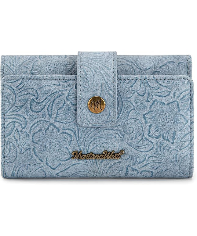 Montana West Small Wallet Women's Embossed Floral Wallet Trifold RFID Wallets Ladies Female Western Credit Card Cash Wallets Jeans Blue with ID Window
