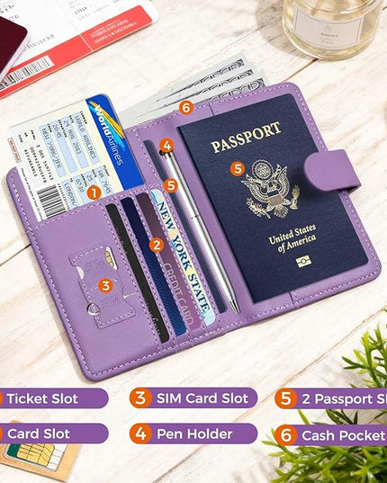 Melsbrinna Premium Leather Passport Holder Covers Case, Waterproof Rfid Blocking Travel Wallet Passport Holder with Pen Holder, Cute Passport Book for Women/Men
