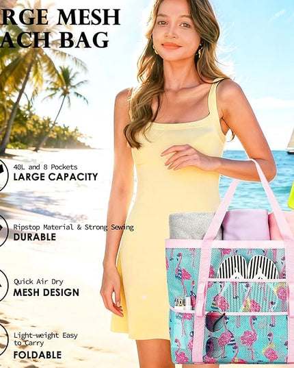 Mesh Beach Bag, Large Beach Tote with Zipper Pocket, Toys Pool Bag for Family Travel Vacation Cruise Essentials