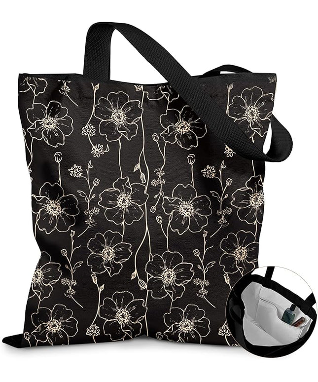 Canvas Tote Bag with Pockets - Aesthetic Reusable Totes for Women Ladies Cute Printed Cloths Canvas Shoulder Bag