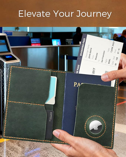 Passport Holder for Travel, Genuine Leather Passport Holder with Airtag, Rfid Passport Wallet Cover Case for Women Men, Travel Essentials Gift, Green