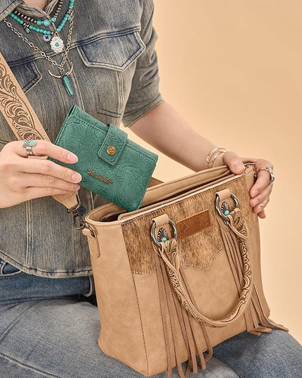 Montana West Women Wallet Small Embossed Floral RFID Wallets for Womens Wallet Card Holder Ladies Female Western Compact Wallets Turquoise with ID Window
