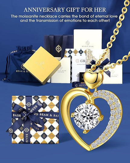 Beam & Bask Moissanite Heart Pendant Necklaces for Women, Engraved with LOVE, Sterling Silver Plated with 18K Gold, Anniversary and Birthday Jewelry for Wife, Girlfriend, Mom, or Her