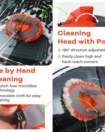 Car Wash Brush with Long Handle,144" Scratch-Free Soft Bristle Car Cleaning Kit with Extension Pole,Microfiber Clean Mop,Window Squeegee,Mitt,Wheel Brush for RV,Truck,SUV,Siding Washing