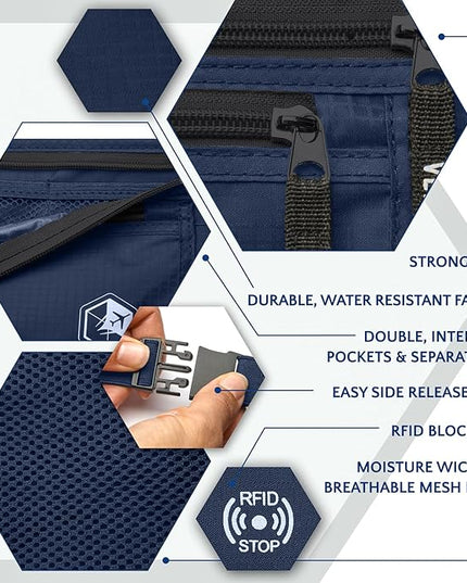 VENTURE 4TH Money Belt for Travel – Hidden Under-Clothes RFID Blocking Passport Holder & Slim Travel Wallet Pouch for Men & Women to Protect Cash, Cards & Documents (Navy Blue)