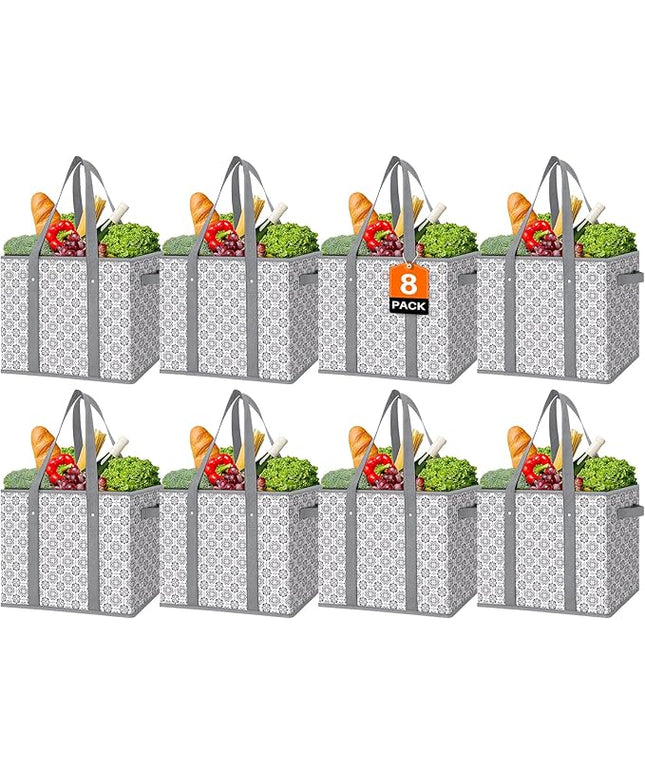 WISELIFE Reusable Grocery Bags 8 Pack,Large Grocery Tote Bag Water Resistant Shopping Bags Foldable Grocery Bag for Clothes,Shoes and Picnic,Grey