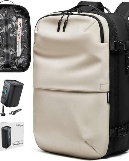 BlackVoyage Vortex Vacuum Seal Travel Backpack 60L Expandable Air Compression System Water Resistant TSA Lock Carry-On Suitcase Luggage White AERO - Vacuum Pump Included