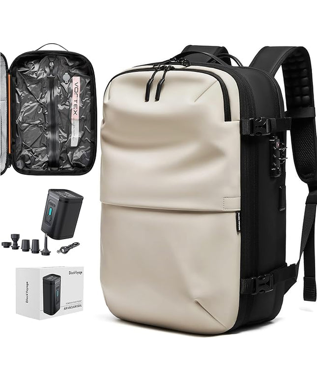BlackVoyage Vortex Vacuum Seal Travel Backpack 60L Expandable Air Compression System Water Resistant TSA Lock Carry-On Suitcase Luggage White AERO - Vacuum Pump Included
