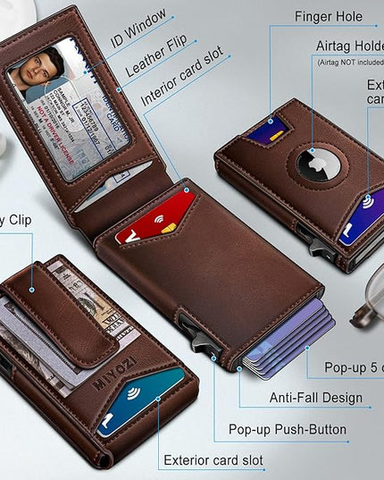 miyozi Airtag Wallet for Men Money Clip 9-Card Pop-Up Credit Card Holder with ID Window RFID Blocking Metal Case Magnetic Closure Front Pocket Wallet Gift Box