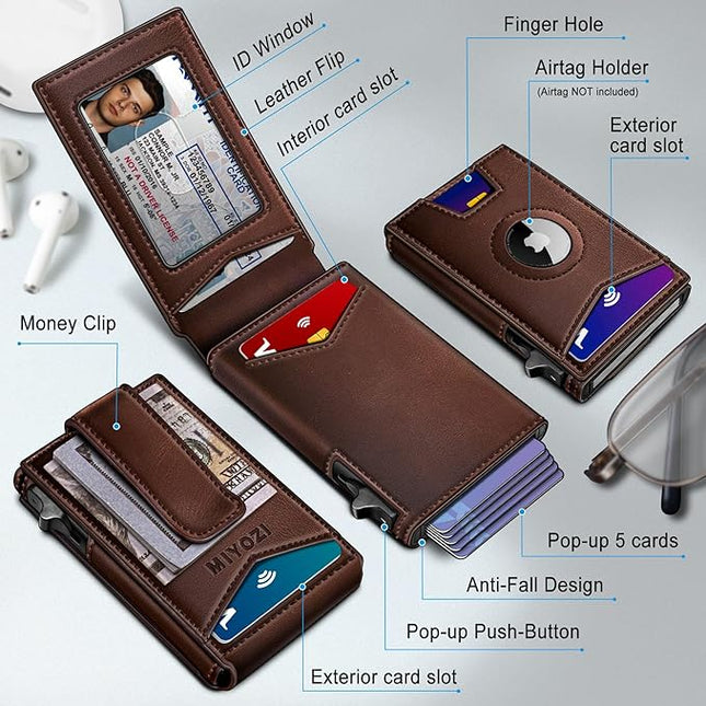 miyozi Airtag Wallet for Men Money Clip 9-Card Pop-Up Credit Card Holder with ID Window RFID Blocking Metal Case Magnetic Closure Front Pocket Wallet Gift Box