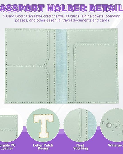 PATIKIL Passport Holder for Travel, Initial Passport Cover and Luggage Tag Set with Alphabet Chenille Letter Patch Travel Wallet Bag Suitcase Identifier for Women Family Travel Green T