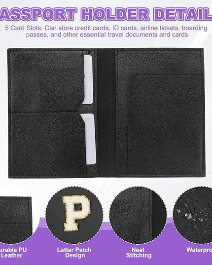 PATIKIL Passport Holder for Travel, Initial Passport Cover and Luggage Tag Set with Alphabet Chenille Letter Patch Travel Wallet Bag Suitcase Identifier for Women Family Travel Black P