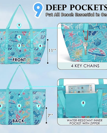 Mesh Beach Bag, Large Beach Tote with Zipper Pocket, Toys Pool Bag for Family Travel Vacation Cruise Essentials