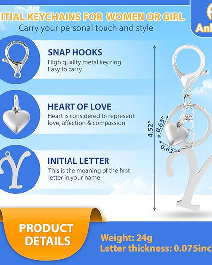 A-Z Heart Initial Letter Keychain, Stainless Steel Alphabet Charm for Handbags, Gift for Women and Girls