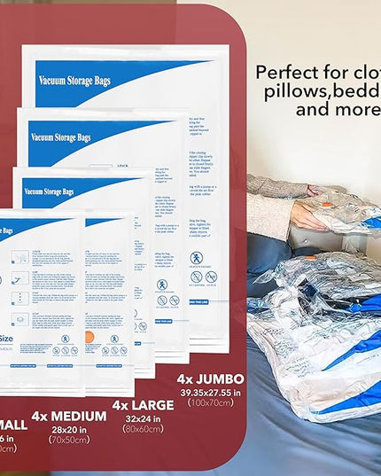 Vacuum Storage Bags 20 Combo (4 Jumbo/4Large/4 Medium/4 Small/4 Roll), Plastic Packaging Bags,Space Saver Sealer Bags for Clothes, Pillows, Comforters, Blankets, Bedding
